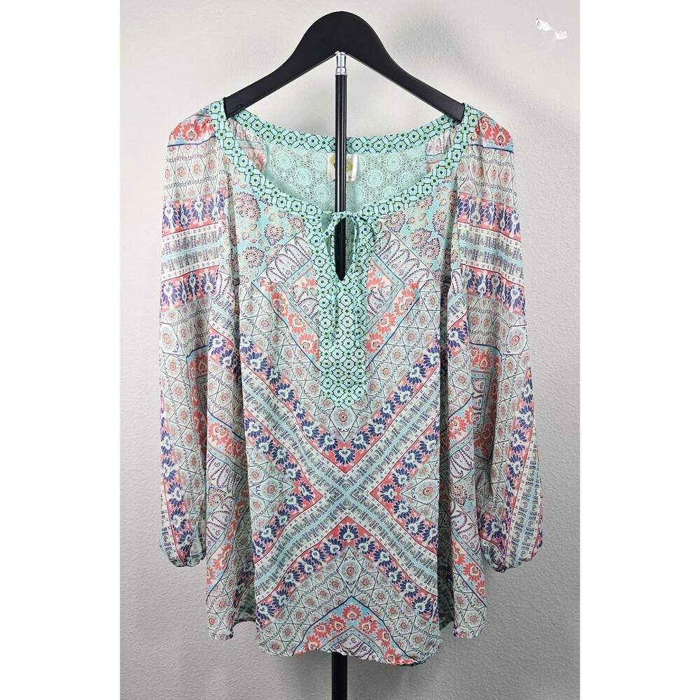 Fig‎ and Flower Blouse Womens 2X Teal Coral Paisley Lace Back Boho Peasant Top